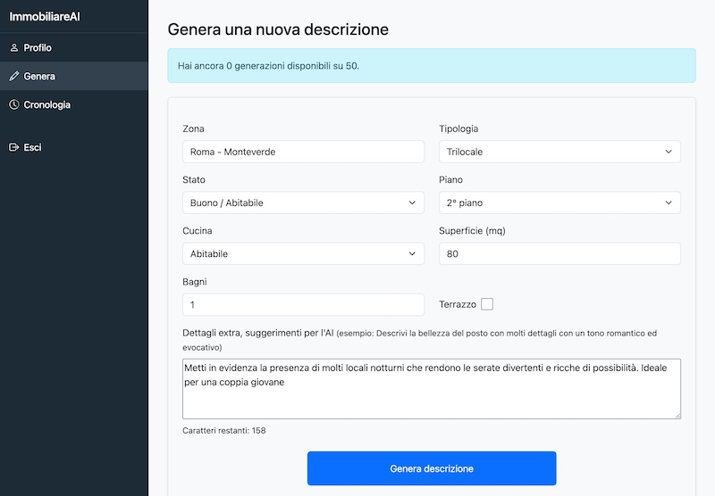 Esempio di scheda compilata per un appartamento a Monteverde (Roma)